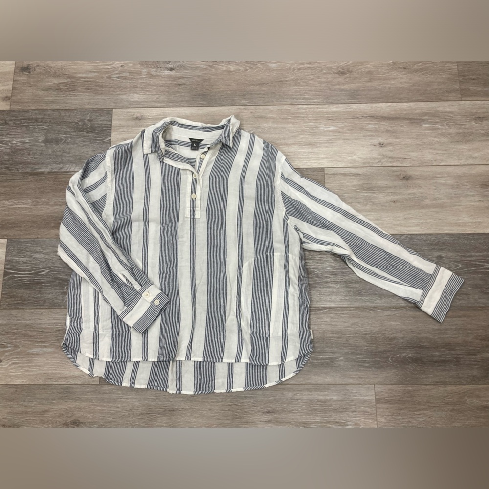 Eddie Bauer Oversized Grey and White Striped Pullover Top Large